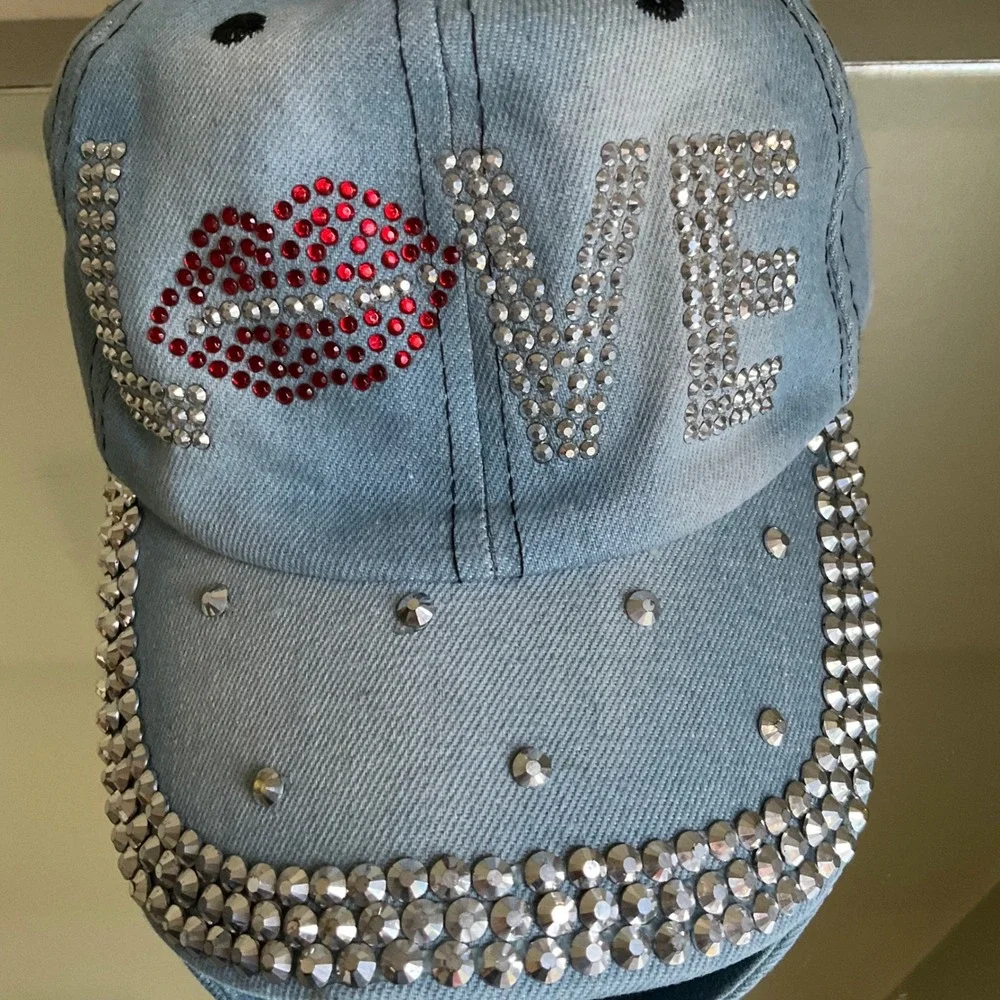 Y2K Bling Rhinestone LOVE Lips Denim Baseball Cap LightWash Studded Jean Dad Hat